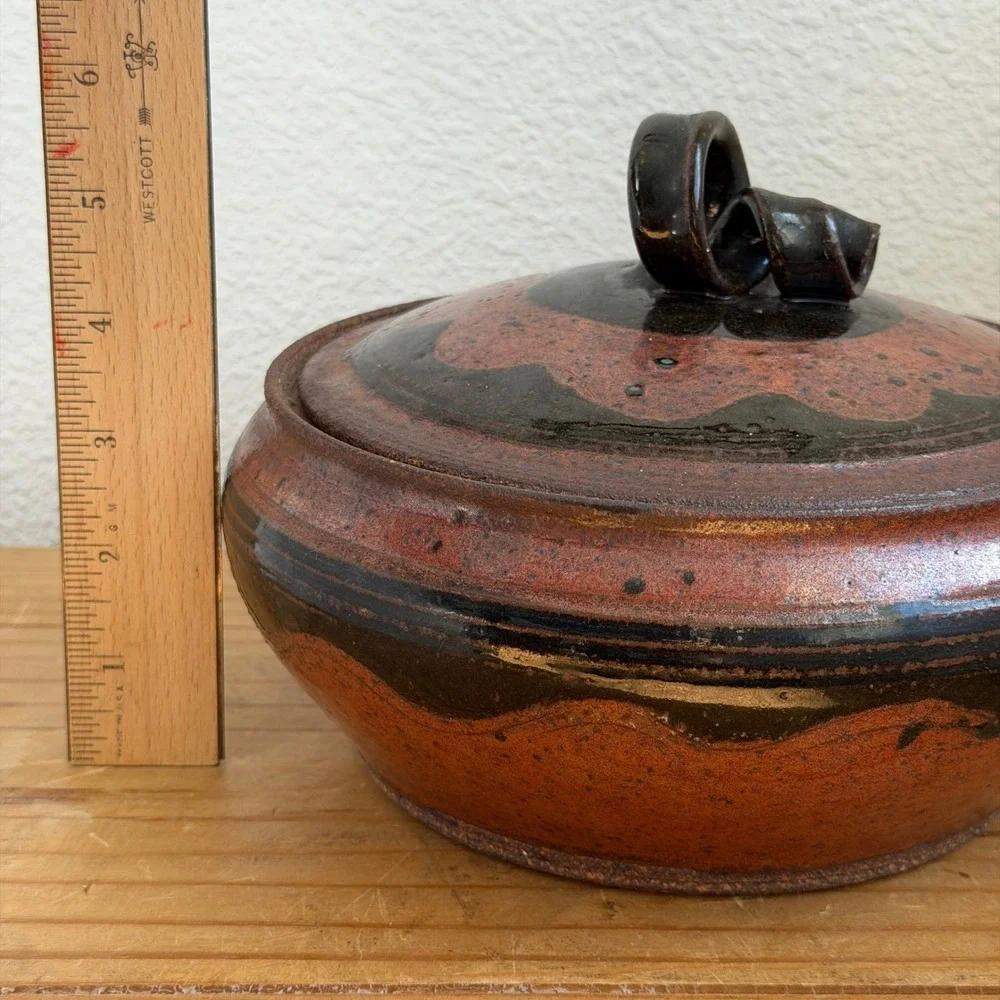 Studio‎ Pottery Lidded Bowl, Hand Thrown Rust Copper Black Glaze, Ceramic Vessel